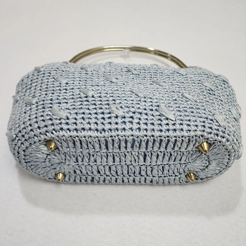 Vintage Gaymode Raffia Clutch Purse Womens Blue Woven Kiss Lock Inner Pocket